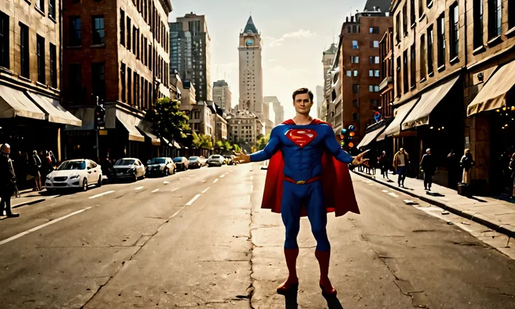 imagine a scene where tom welling, dressed as superman, is standing on a busy city street. the sun is shining brightly, casting ...