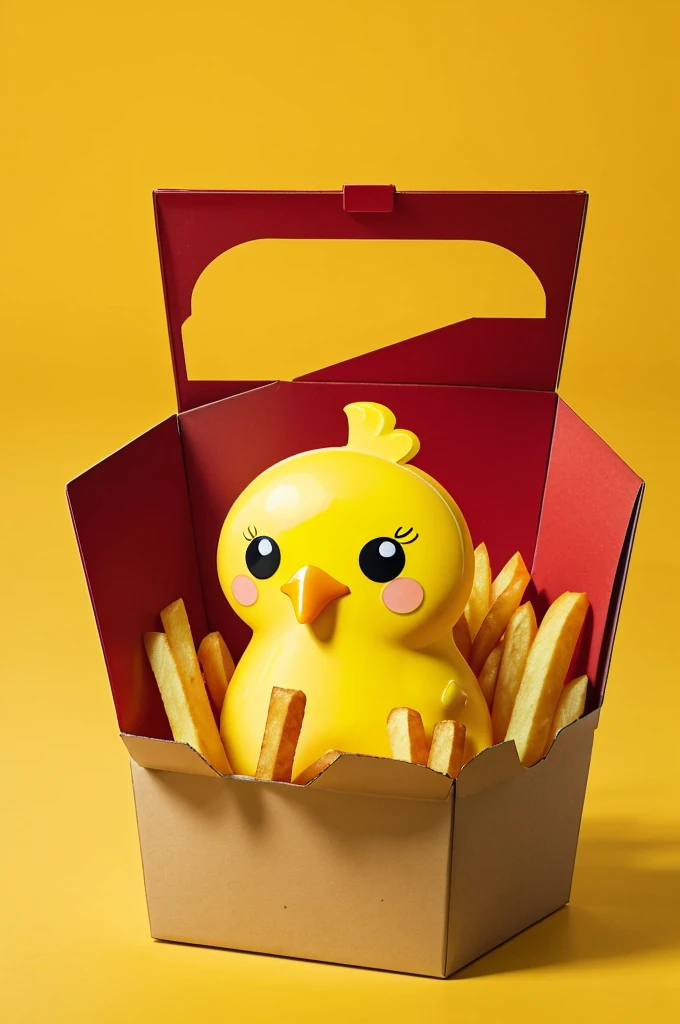 Logo of a yellow kawaii animated chicken holding some french fries in a box where the color orange predominates, red and yellow where everything is drawn