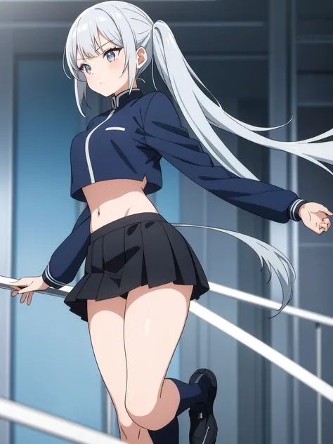  1girl, anime girl, silver hair, long twintails, silver eyes, dark blue crop top school suit, black skirt with white line