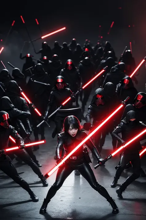 An army of people in black clothes with red lightsabers fighting