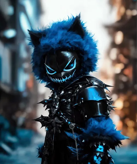 (extremely detailed 8k wallpaper), a medium shot photo of  Grim dressed as a scary masked black and baby blue furry-supervillain in a black and baby blue spiked armour made of fur glowing armour with spikes from marvel, theme, intricate, high detail, drama...