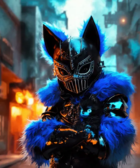 (extremely detailed 8k wallpaper), a medium shot photo of  Grim dressed as a scary masked black and baby blue furry-supervillain in a black and baby blue spiked armour made of fur glowing armour with spikes from marvel, theme, intricate, high detail, drama...