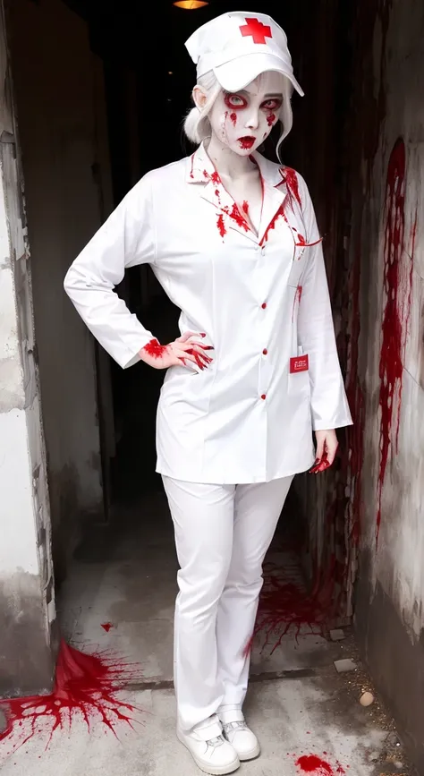 ((Female zombie))((Both eyes are completely white:1.2))((White skin, Really long legs))((Very huge))((Wearing ragged nurse uniform))((Wear White色高跟鞋))((Covered in blood))((Wear White))