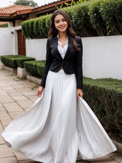 smiling colombian woman, (((Hair courtesy suits,((long skirt))，(head of&#39;artwork, Superior quality, Droit proche et lointain), Belle expression, and 8K, Photo brute, photorealistic, Grains de film, Chromatic aeration, high resolution, ultra-detailed, fi...