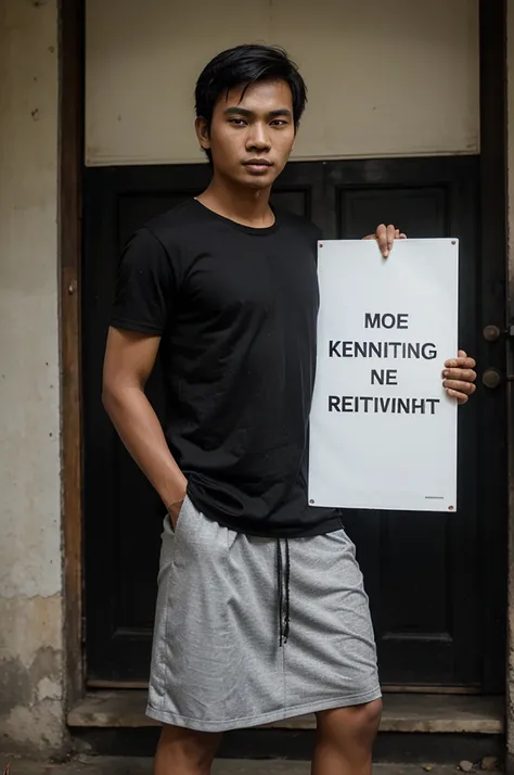 Make me a young Indonesian man holding a banner board that says Mr.Kenceng will be present, all made in black