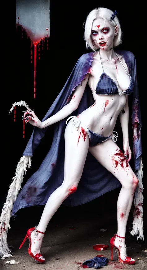 ((Female zombie))((Both eyes are completely pure white:1.2))((White skin, Really long legs))((very huge))((Wearing an indigo deep V low-cut bikini))((Wear indigo high heels:1.2))((Covered in blood))