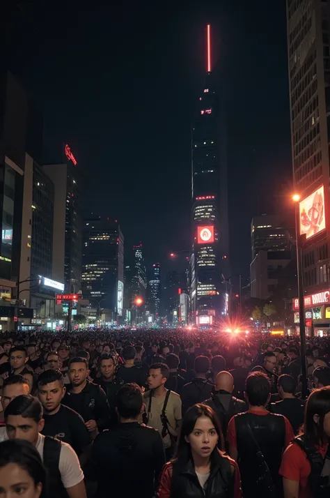 Avenida Paulista catching fire with an army of people in black clothes with red lightsabers