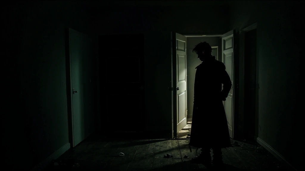 a scary silhouet figure standing  standing directly behind me in darkness abandon room.