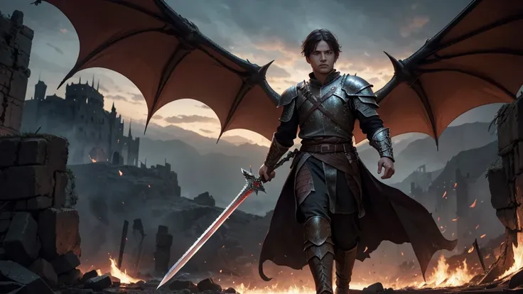 In the Devastated Lands of Valyria, where scars of war run deep,
Draegan strides with courage, fire blazing in his eyes.
With sword ablaze and dragon wings unfurled,
He bears the legacy of skies, son of Elara, power in his veins.