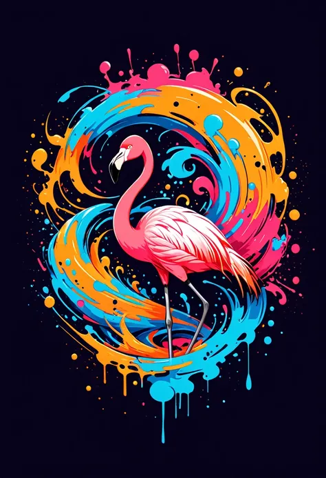 T-shirt logo with vector art, Colorful illustration with flamingo, At the center, swirly vibrant colors，graffiti art，ink spatter，UHD quality, details in 16k, Wild and unbridled，ink wink painting，rich and colorful，visual impact,modern aesthetic,Elegant and ...