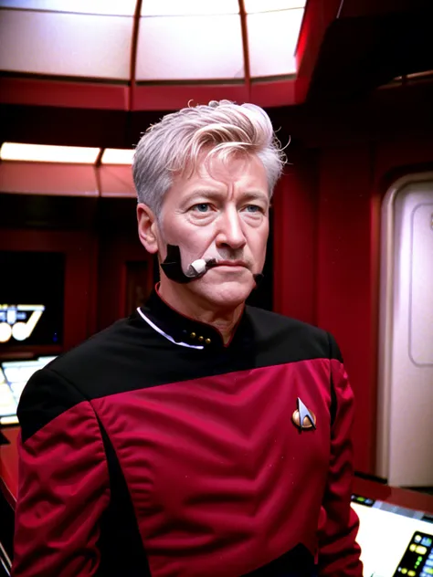 close up of David Lynch looking at camera wearing red s3sttngsuit uniform, tight uniform, smooth uniform, on enterprise bridge, 8k, high quality, soft lighting