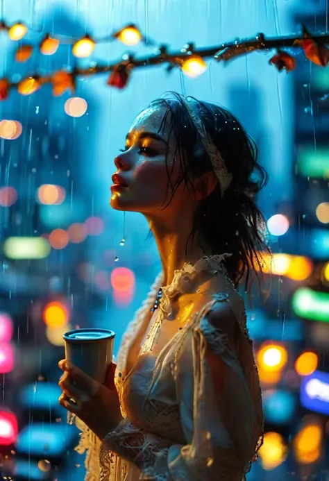 drinking her morning coffee close-up of a woman in a silk blindfold standing on the edge of the roof of a high-rise building, in...