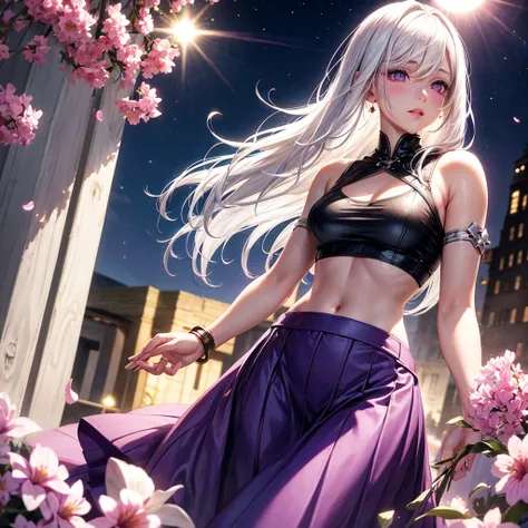 realistic, 1 girl, White hair, purple eyes, Brilliant eyes, crop top, skirt, parted lips, blush, night, flowers, Sun, Sunlight