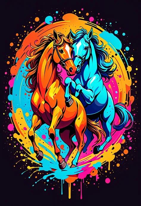 A t-shirt Colorful illustration with two brown horses, At the center, swirly vibrant colors，graffiti art，ink spatter，UHD quality, details in 16k, Wild and unbridled，ink wink painting，rich and colorful，visual impact,modern aesthetic,Elegant and simple, blac...