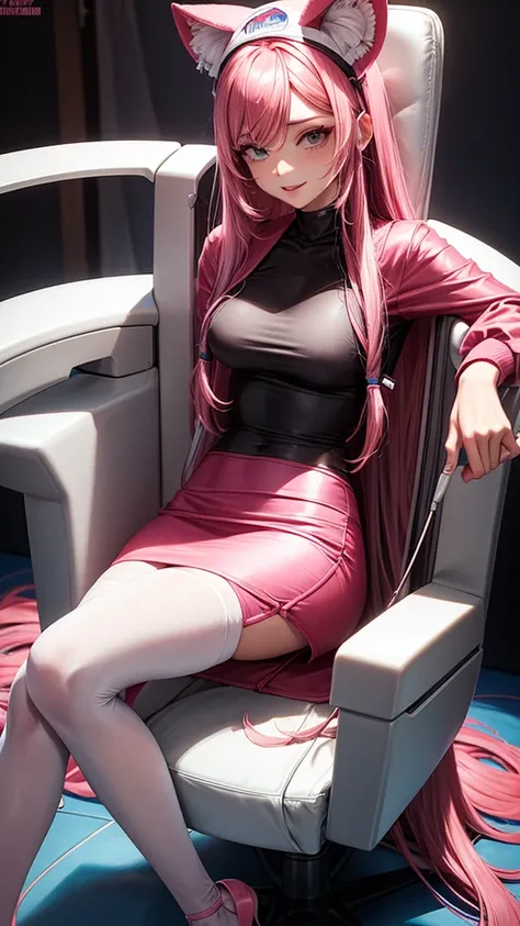 Cosplay dentista,medium breasts, medium butt,long pink hair, dentist chair,patient chair, centated doctor..