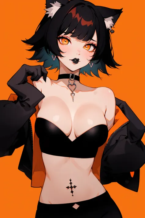 1girl, solo, jewelry, animal_ears, black_lips, short_hair, breasts, black_hair, earrings, makeup, cat_ears, orange_eyes, looking_at_viewer, navel, cleavage, lipstick, bangs, piercing, medium_breasts, collar, upper_body, gloves, elbow_gloves, bare_shoulders...