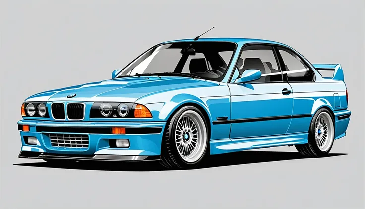 T-shirt design graphic art, Retro vintage flat design, Beach, Colorful tones, highly detailed cleaning, Vector Image, The first realistic work, Professional photography, Classic BMW M3 E36 sports in realistic ABS blue, Beachでのシンプルな日の出のセットアップ, Flat white ba...