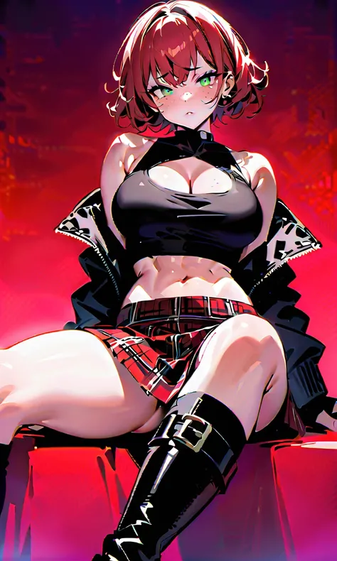 woman, curly red pixie cut hair, green eyes, wearing crop top black shirt, long black jacket, red plaid skirt, (black knee high boots), black fingerless gloves, exposed shoulders, large breasts, freckles, cleavage, abs, looking at viewer, masterpiece, best...