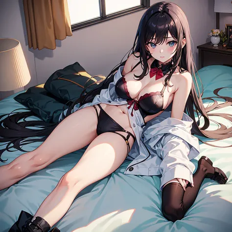 Anime, young woman, 3 bust size, lies ,On the bed , legs spread, 