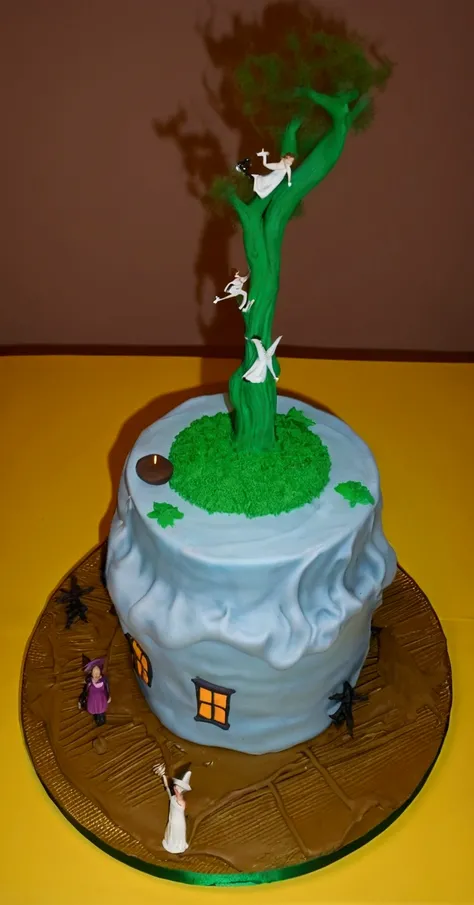 This is a floating cake, better known as gravity cake, I need that with the same concept, a tree with a witch is generated on a floating cake. that are hyperrealistic and dark