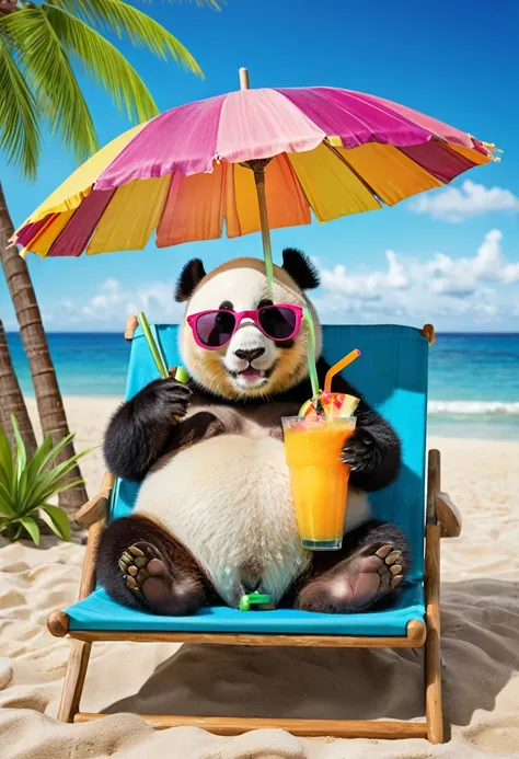 A chubby, cute panda wearing oversized sunglasses and a Hawaiian shirt, lounging on a beach chair under a colorful umbrella. The panda is sipping a coconut drink with a tiny umbrella in it, looking cool and relaxed