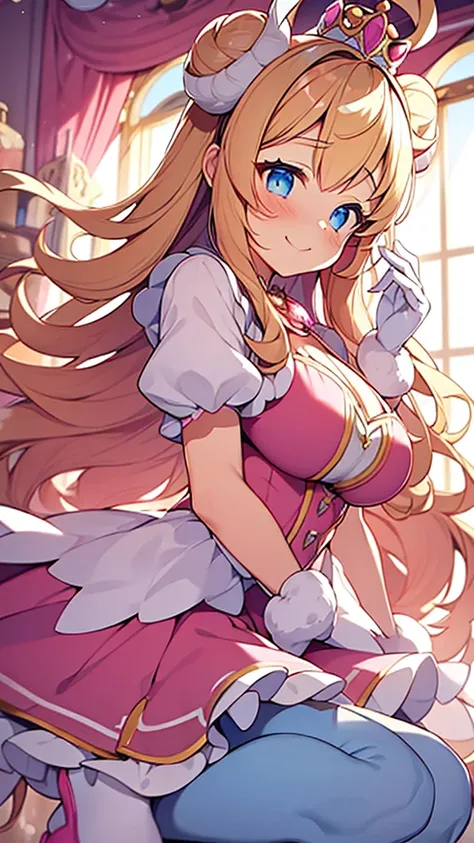 1goat girl, goat ears, golden horns, curly blonde hair, two buns, pink princess crown, perfect eyes, make-up, blue eyes, pink lipstick, happy face, white necklace, princess clothing, pink and white fluffly dress, long white gloves, long white stockings, pi...