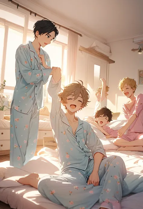 Three boys only, teenagers, sleepover, sleepy, yawn, left perspective, Wearing pyjamas, stretching, (Bedroom), (morning), spring, masterpiece, 8K, White warm lighting, The perfect outfit, Perfect Anatomy, Perfect Eyes, Perfect Face, Sharp resolution,