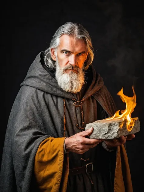 naughty man, gray hair, (medieval cloak) greybeard, holding a (rectangular stone) (enveloped in flames)