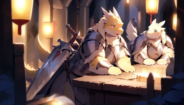 Dragon, male, furry anime , doujinshi ,fat, chubby,perfect body,swordman adventure ,wearing Medieval adventure equipment ,A heavy greatsword on the back, equipment large Shield, medieval times,anthro,doujin,yaoi,fantasy,isekai, adventure, Sinematic lightin...