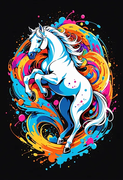 A t-shirt Colorful illustration with two white horses jumping in the center, swirly vibrant colors，graffiti art，ink spatter，UHD quality, details in 16k, Wild and unbridled，ink wink painting，rich and colorful，visual impact,modern aesthetic,Elegant and simpl...