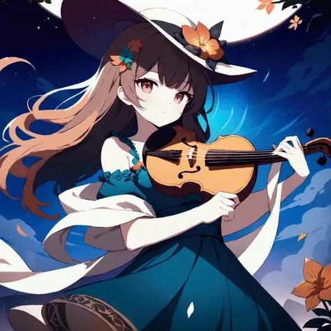  holding a violin, wearing big flower hat
