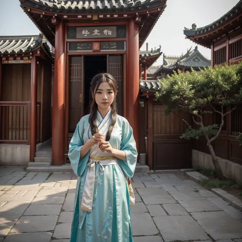 a beauty girl ,wear gorgeous hanfu, Chinese style buildings, landscape