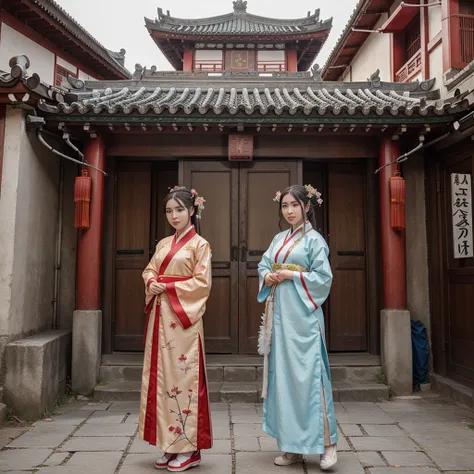 a beauty girl ,wear gorgeous hanfu, Chinese style buildings, landscape