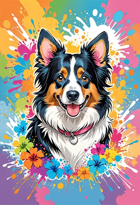 a t-shirt with vector art, colorful illustration with many cute border collies, at the center, swirly vibrant colors, paint spla...