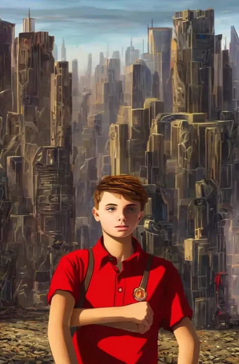 Portrait of a 15-year-old man with brown hair, almond eyes and is located in a futuristic city