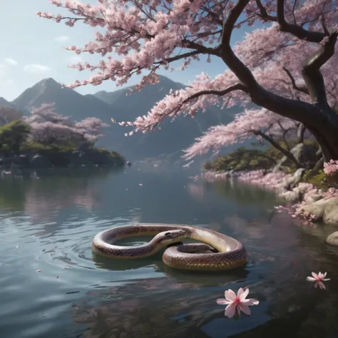 full body portrait of a realistic faint banded sea snake, cobra hybrid reptile, large, mysterious lake scenery, cherry blossoms, Asia, full body, cinematic, render, 8k, unreal engine, realistic, masterpiece, high detail, full body, low life, volumetric lig...