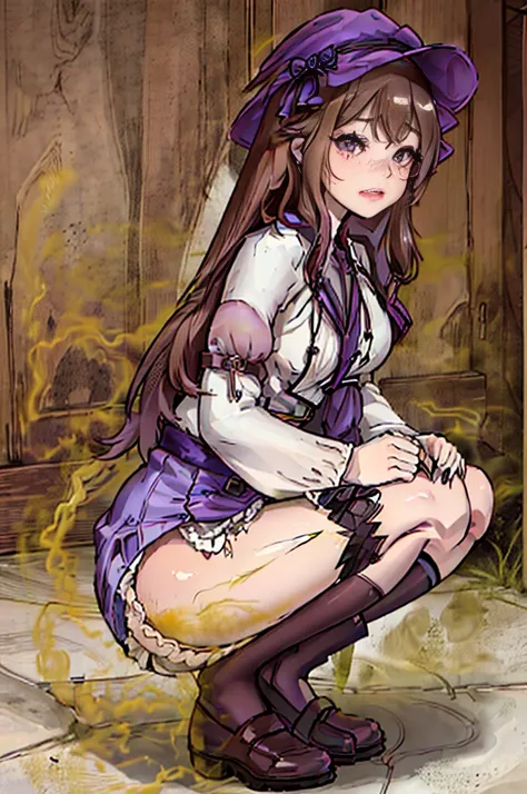 Witch Hat (Brown Hair) Long Hair (((Small breasts))) (Purple Eyes) (((child))) (Slanted Eyes) (((low length))) ,(Turn around)  (((solo))),  Embarrassed,  blush, uniform、 (((A girl farts)))Standing with legs together、((Squat))
、(Holding on)((Her butt is fac...