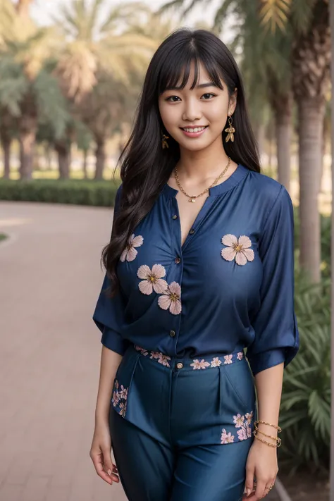 Half-length glamour portrait, nikon D850, f1.6 lens, 200mm, DSLR, 22 Megapixels, (((Park in Dubai scene))), shot of a stunning 19 years old korean girl, (smile:1.4), (wearing Indigo Lightweight blouse with floral pants:1.6), ((seductive pose)), hot girl, (...