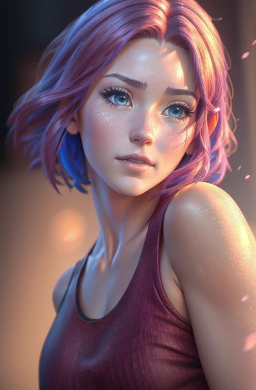 a beautiful tall sakura girl, short anime style hair, extremely detailed realistic face, beautiful eyes, long eyelashes, small nose, full lips, red tank top with beautiful folds and wrinkles, blue pants, belt, (best quality,8k,highres,masterpiece:1.2),ultr...