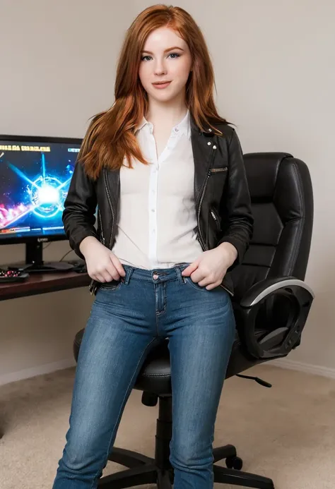 21 year old female, redhead, jeans, black jacket, white shirt, game room, lights, monitor, gaming chair, gaming pc, controller, game room, lights, video game,
