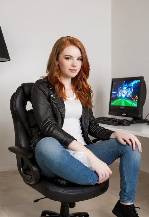 21 year old female, redhead, jeans, black jacket, white shirt, game room, lights, monitor, gaming chair, gaming pc, controller, game room, lights, video game,
