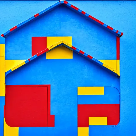 a close-up of a house with a red roof and a blue and yellow house, red - yellow - blue building, logo without text, minimalist l...