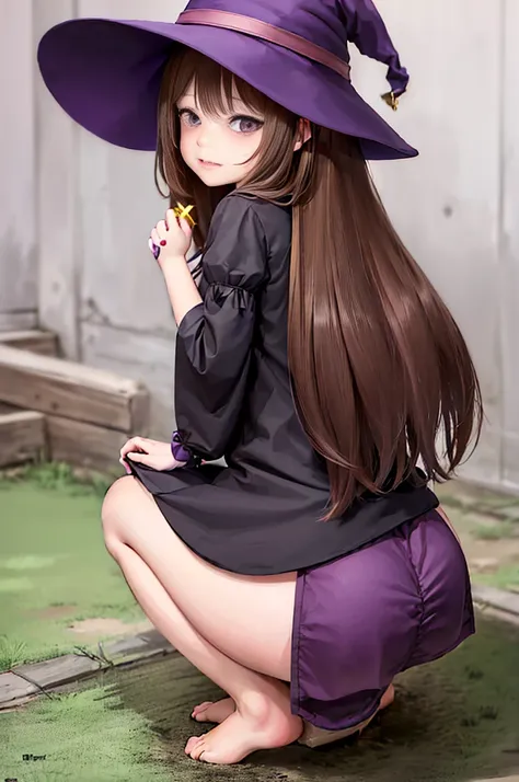 Witch Hat (Brown Hair) Long Hair (((Small breasts))) (Purple Eyes) (((child))) (Slanted Eyes) (((low length))) ,(Turn around)  (((solo))),  Embarrassed,  blush, uniform、 (((A girl farts)))Standing with legs together、((Squat))
、(Holding on)((Her butt is fac...