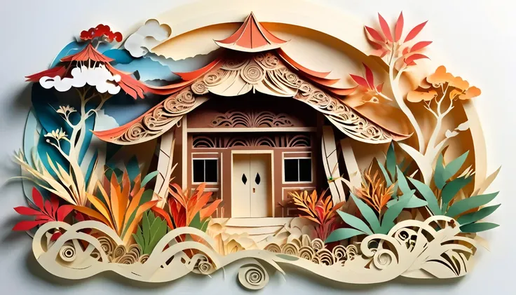 paper cuttings art of honai, Papuan traditional house, honai made of wood with a doom roof made of straw or reeds, Honai has a small door and no windows, honai is look a brownies-button mushroom, (paper cutout，paper art, layered paper art，paper quilling, d...