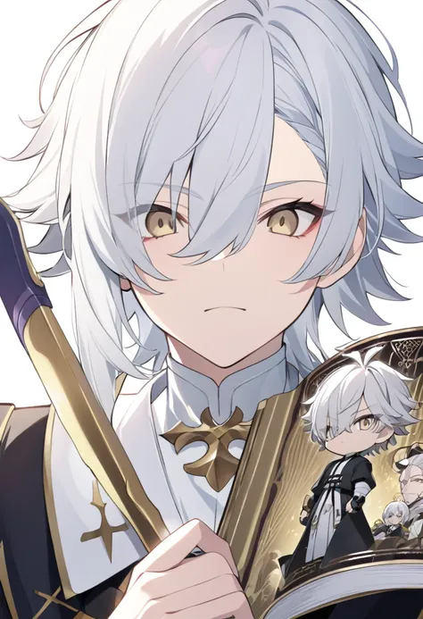 アニメ, a man aged 37, com white  hair e longos com uma fraja no dado direito e um livro nas mãos, brunette skin, gold eyes, cute androgynous prince, delicate androgynous prince, white  hair deity, handsome guy in demon slayer art, photo of a male cleric, whi...