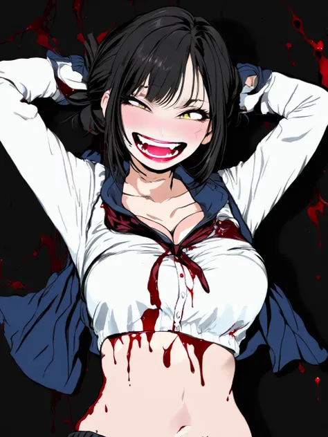 dark art, thick outlines, comics, photorealistic, perfect hands, masterpiece:1.2, ruined city at night, crazy, smiling, 1 girl, knife in hands, blood, cardigan, serafuku, black skirt, neckerchief, big breasts, detailed background, detailed face, detailed e...