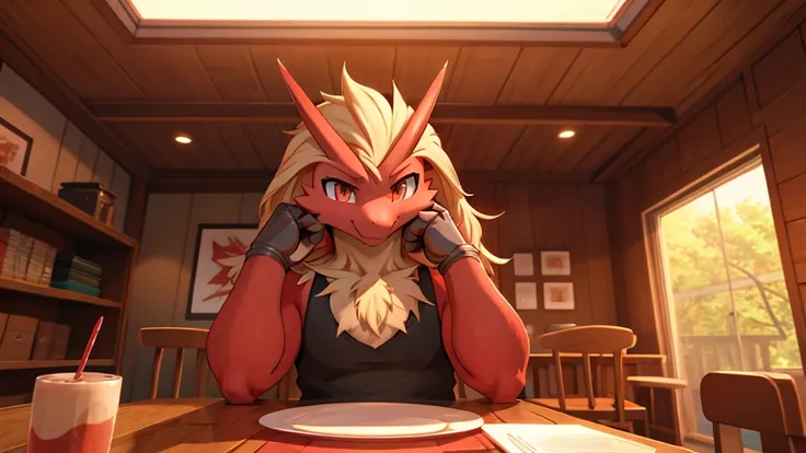 Blaziken, perspective from front. Solo. Holding up my chin wjth the backs of my hands, sitting at a table, cute, warm smile 