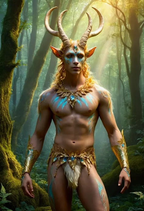 A beautiful, enchantingly elusive humanoid faun, every aspect exudes magic in the midst of danger: shimmering rainbow fur, ethereal golden horn, and eyes that seem to hold the secrets of the universe. The mystical creature is surrounded by a lush, enchante...