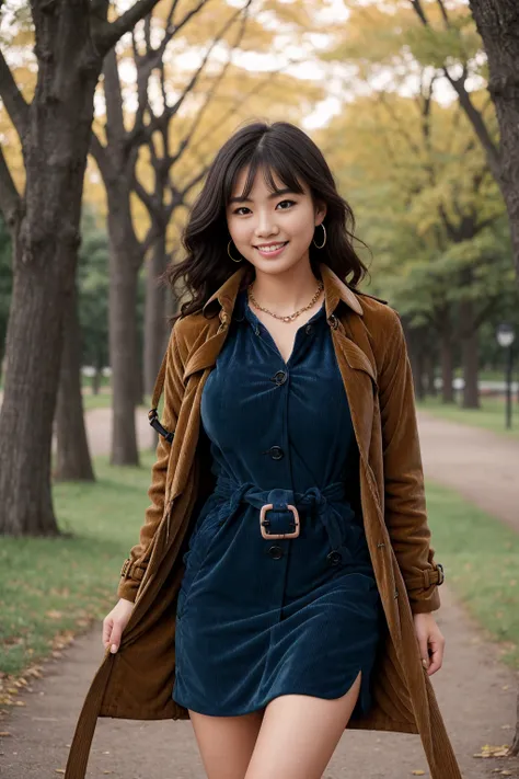 Half-length glamour portrait, nikon D850, f1.6 lens, 200mm, DSLR, 22 Megapixels, (((Park with trees scene))), shot of a stunning 19 years old korean girl, (smile:1.4), (wearing Trench coat with Lapis blue corduroy dress:1.6), ((seductive pose)), hot girl, ...