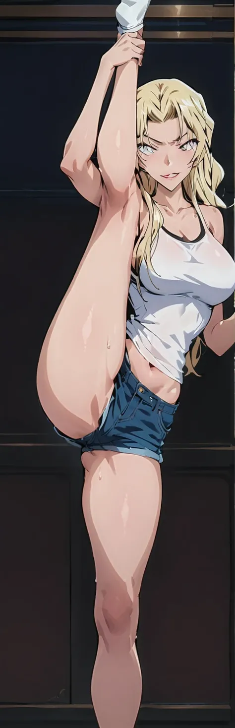 (masterpiece, best quality:1.4), 1girl, 独奏,standing_split, 
long hair, White sleeveless tank top，blue denim shorts，blonde